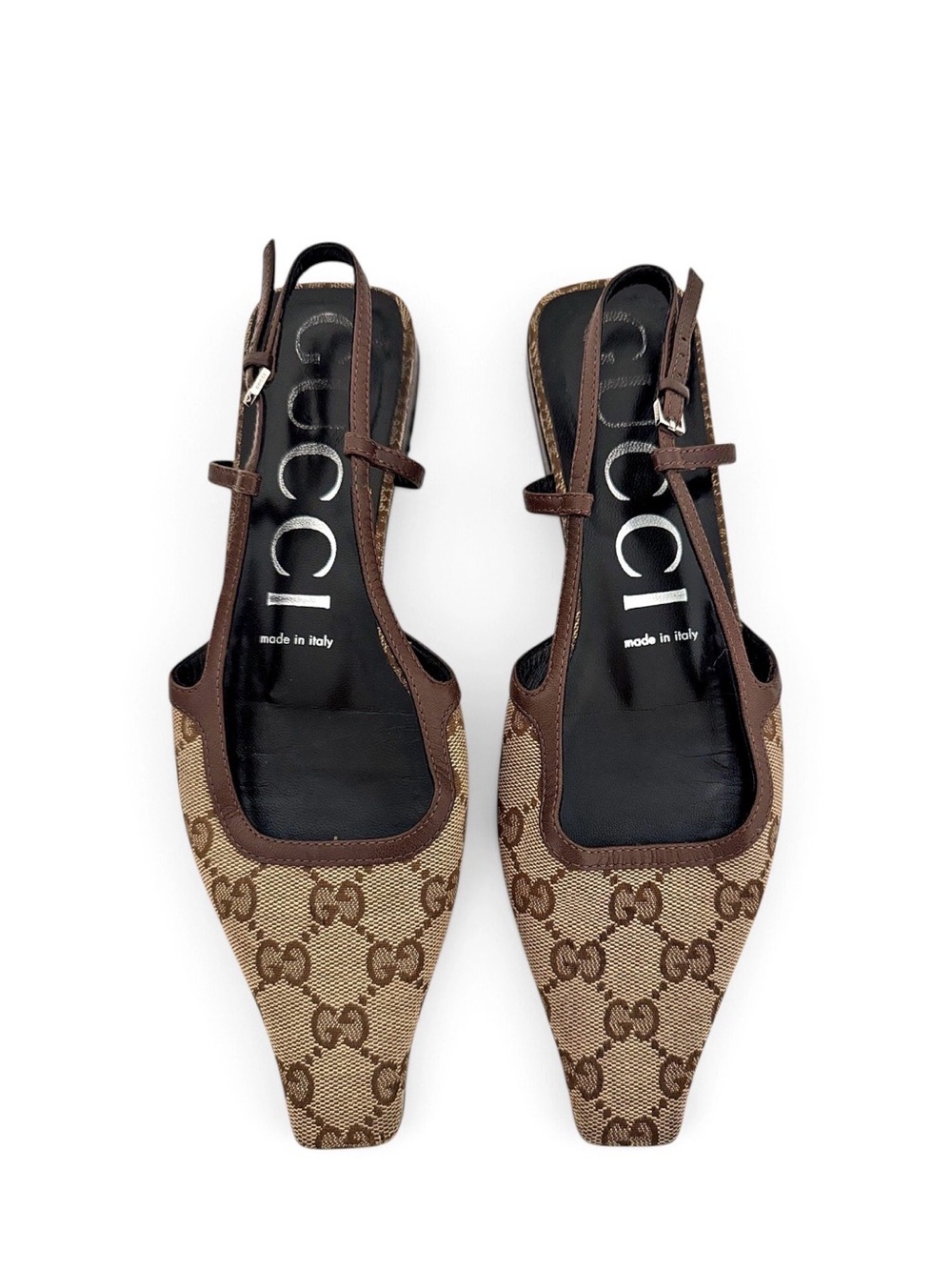 Gucci Brown Canvas GG Demi Slingback Flats EU 37 Shoes Authentic